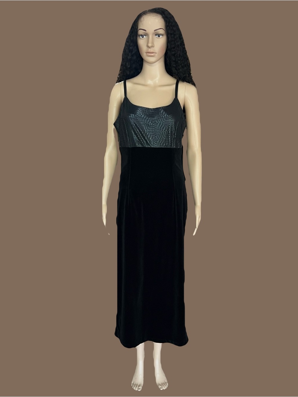 Black Velvet Slip Dress with Shimmering Textured Bodice